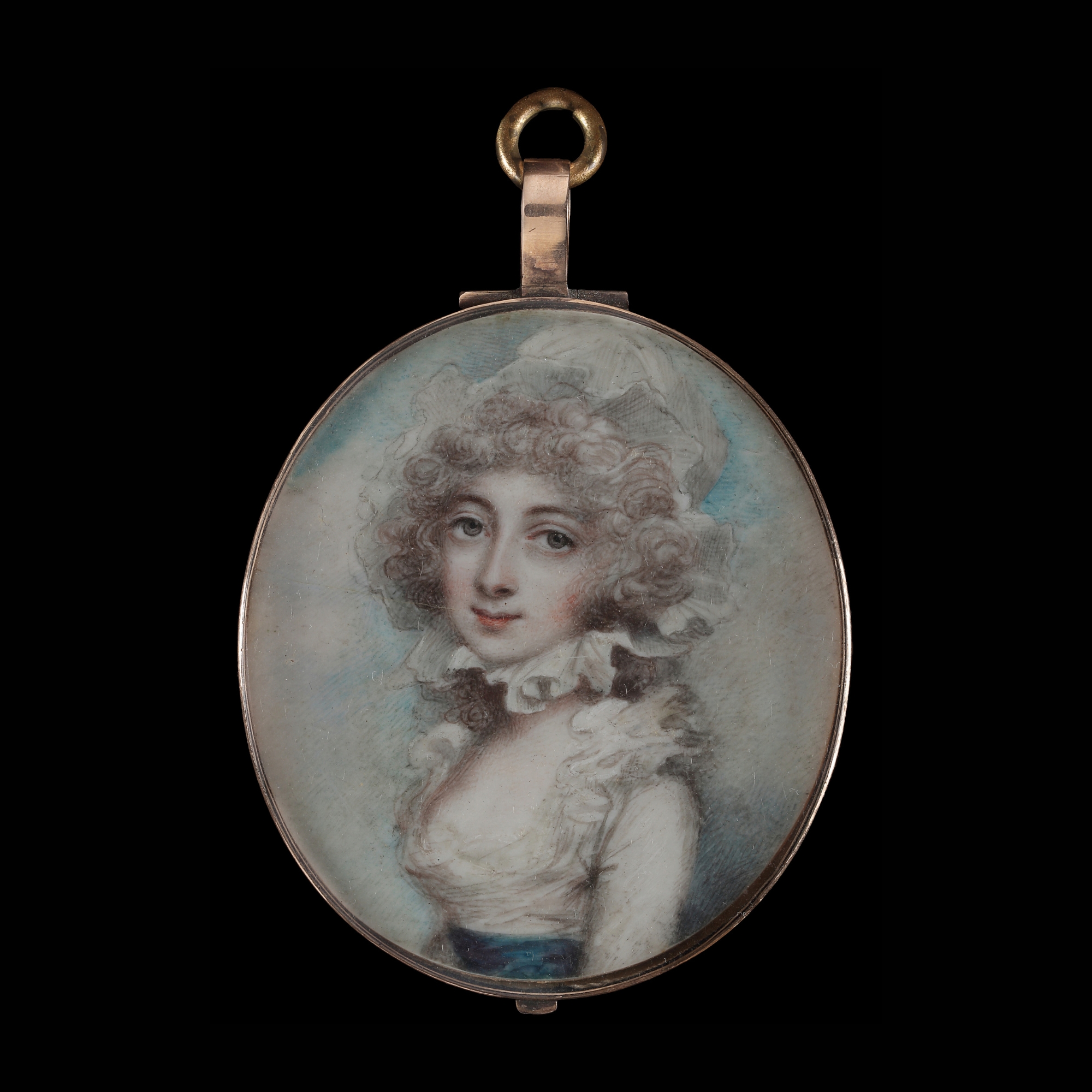 Portrait miniature of a Lady, with white dress, blue sash around her waist, and a white mobcap tied beneath her chin, her hair worn curled and powdered